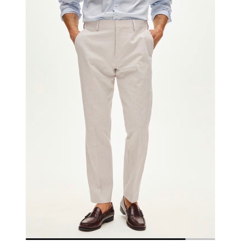 J.Crew Men Size 38x32 Ludlow Slim Suit Pants Tan White Cotton Seersucker Stripe